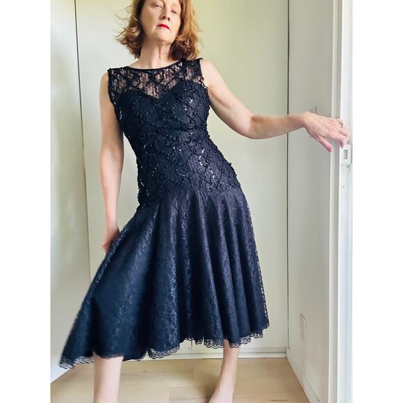 Vintage 80s Formal Party Dress Black Lace Sequin Midi Fit Size Medium Fitted - Picture 1 of 12